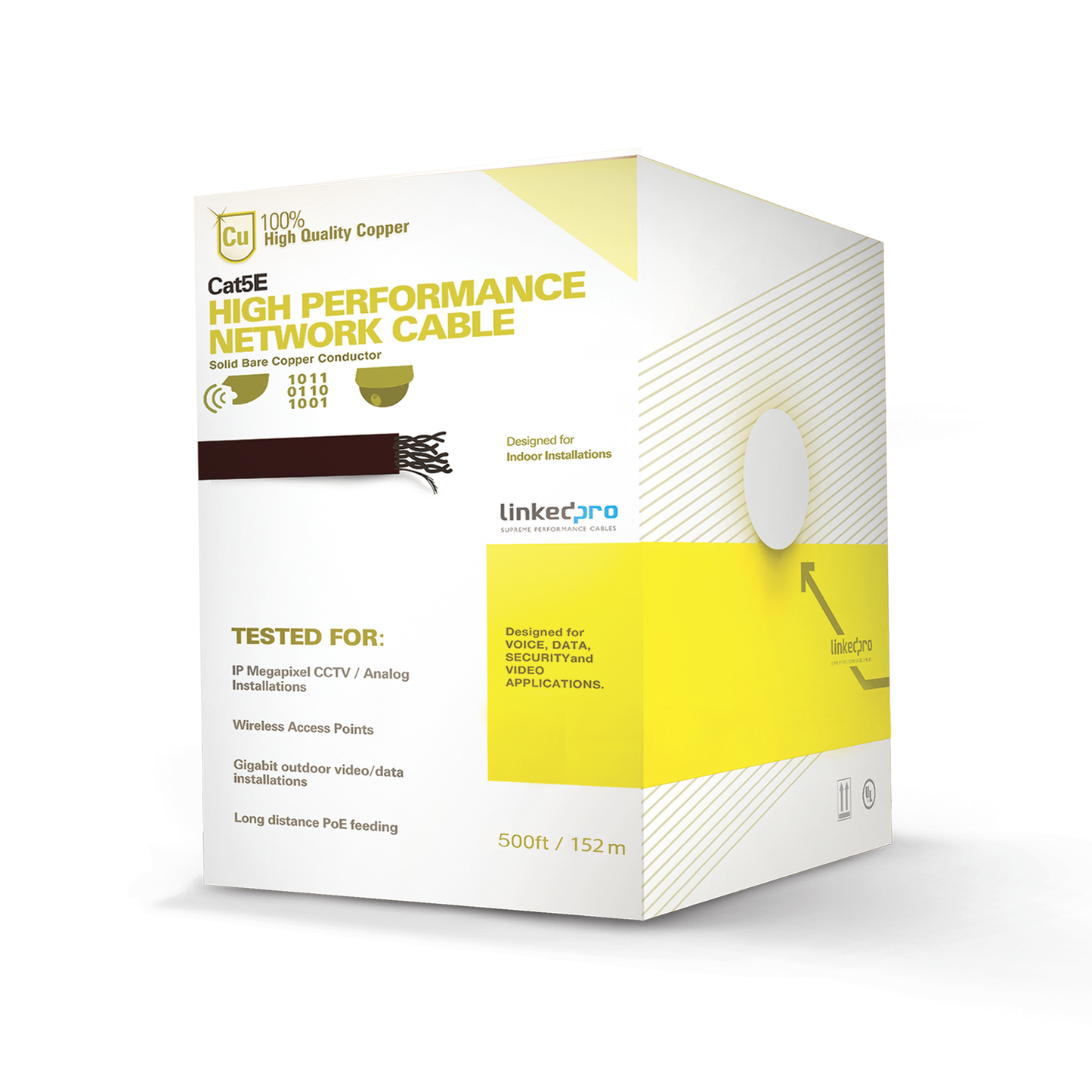 Cable Cat5e de alto rendimiento certificaciones ETL, UL, de 500 ft ( 152.5 m ) de color Blanco, para aplicaciones en video vigilancia, redes de datos. Uso Interior.