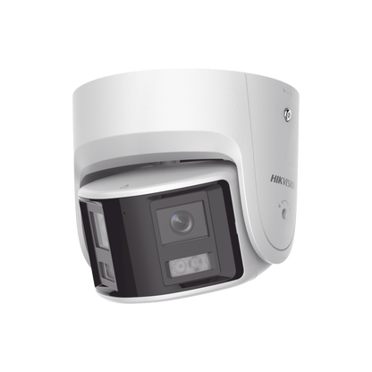 [FlexVu] [PROTECCIÓN ACTIVA] Turret IP Panorámica 4 Megapíxel / 2 Lentes 2.8 mm (180°) / Imagen a Color 24/7 (ColorVu) / PoE / WDR 130° / IP67 / ACUSENSE / Luz Estroboscópica y Alarma Audible / 30 mts Luz Blanca / Mic